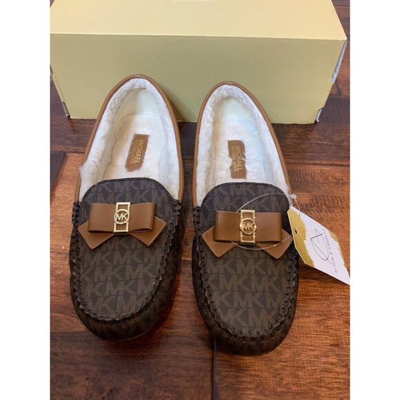 Michael Kors Erica Brown Leather Shearling Lined Logo Flats Slippers, Size 8 - Picture 2 of 10
